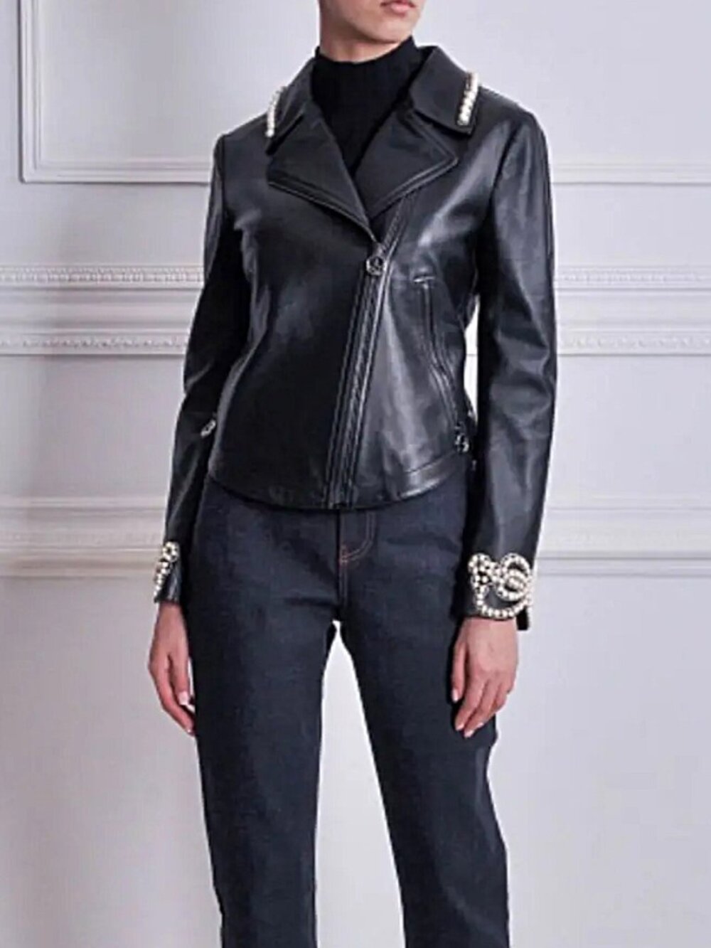Fendi Pearl Embellished Leather Biker Jacket Black Resort 2018 Size IT 40 US 4